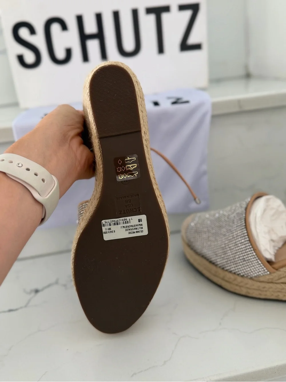 SCHUTZ Tan Espadrille Lace-Up Flats with Silver Rhinestone Toe